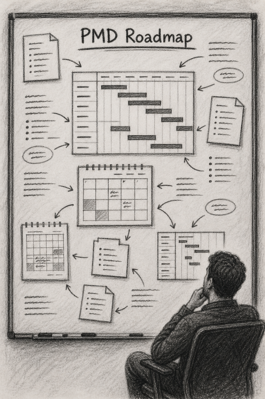 Charcoal sketch of the PMD project roadmap
